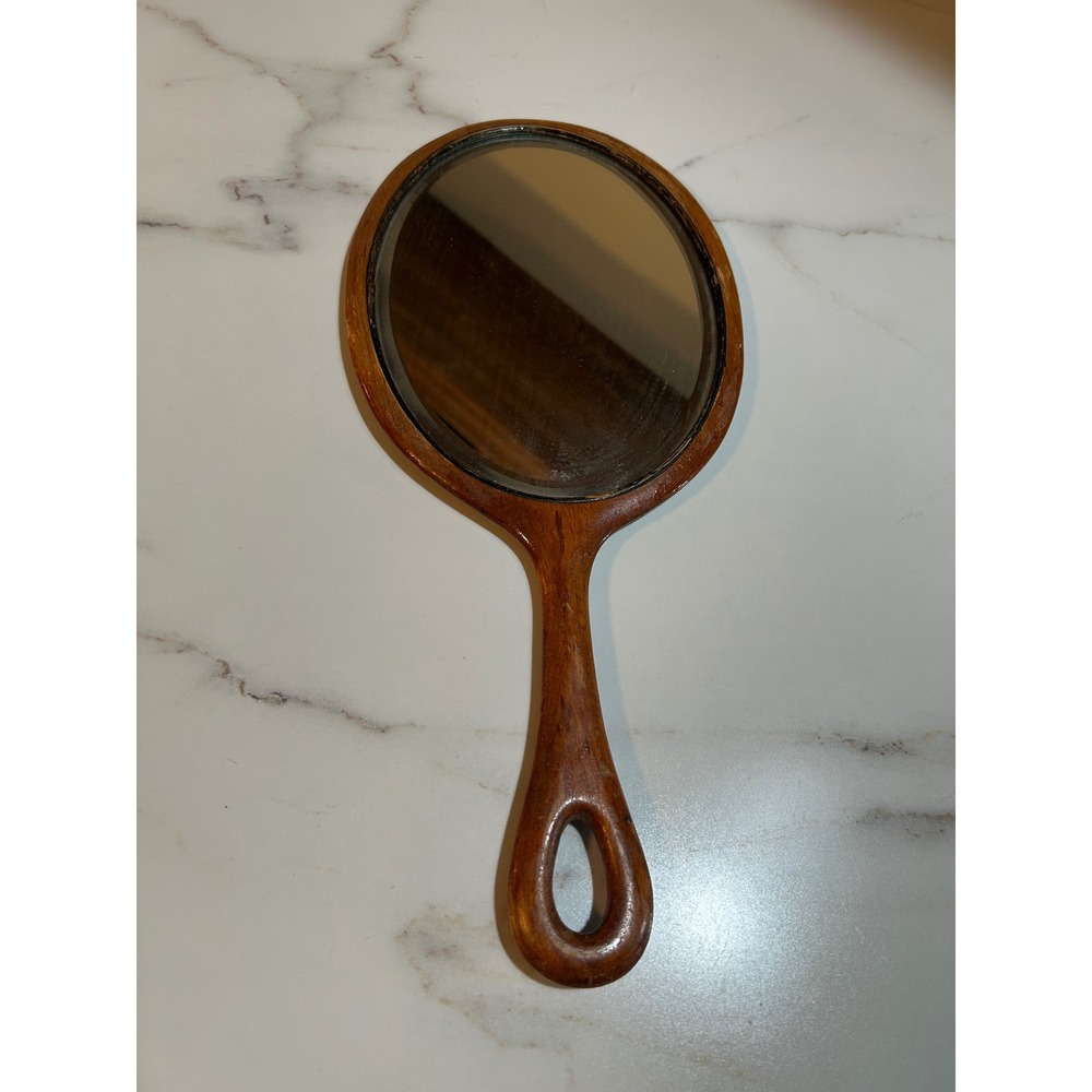 Vintage Hand Mirror Solid Wood Oval Handheld Vanity Mirror with Hanging Handle